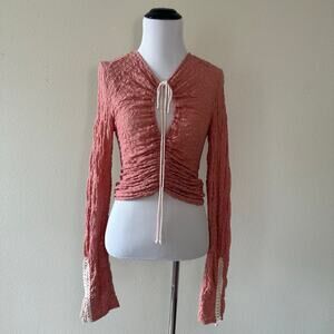 Free People Lilah Lace Up Crochet Sleeve Boho Coachella Festival Pink Top Sz XS